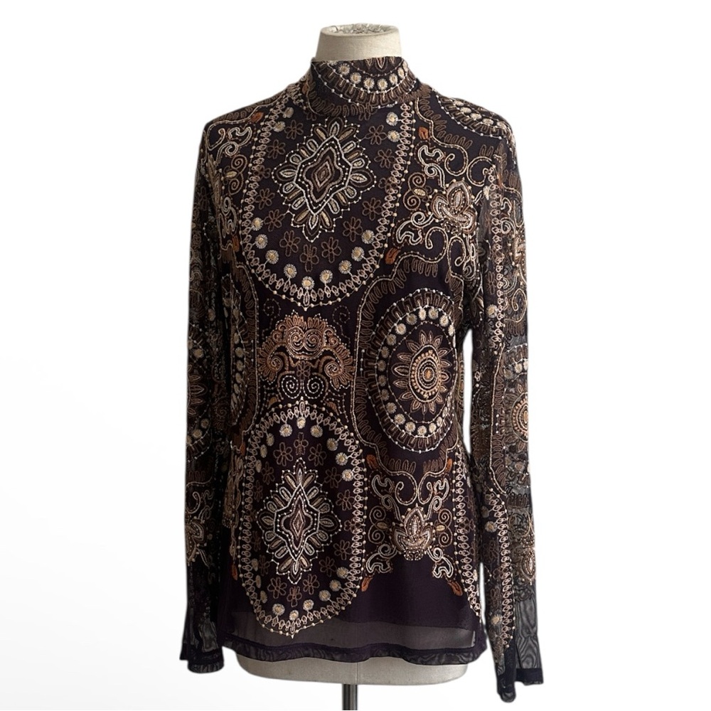 Johnny Was Loving Is Easy Mesh Embroidered Mock Neck Long Sleeve Top sz Large